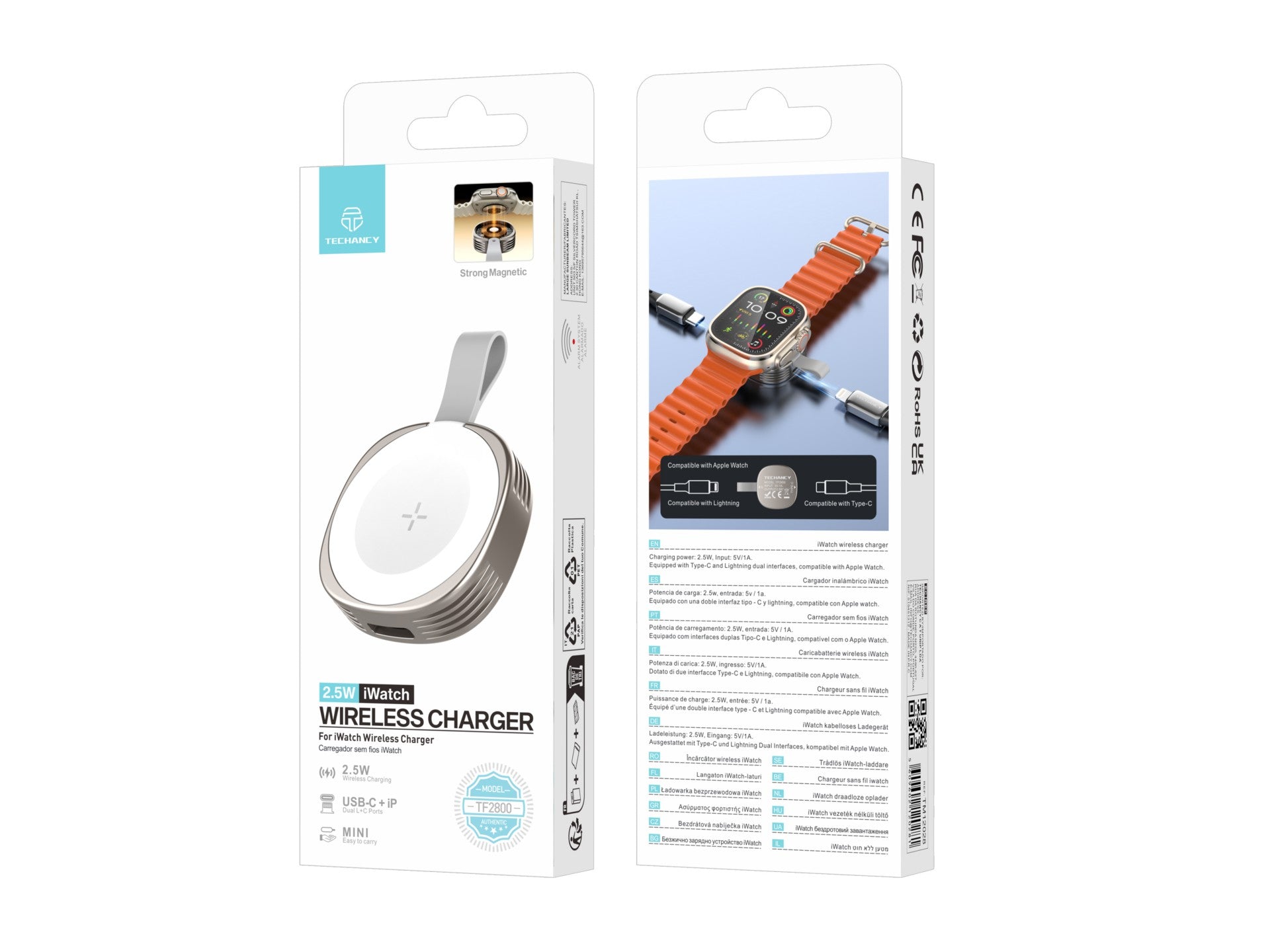 Techancy Carregador Wireless iWatch TF2800 2.5W, iman forte, USB-C/Lightning, compacto, compativel Apple Watch - immagine 5