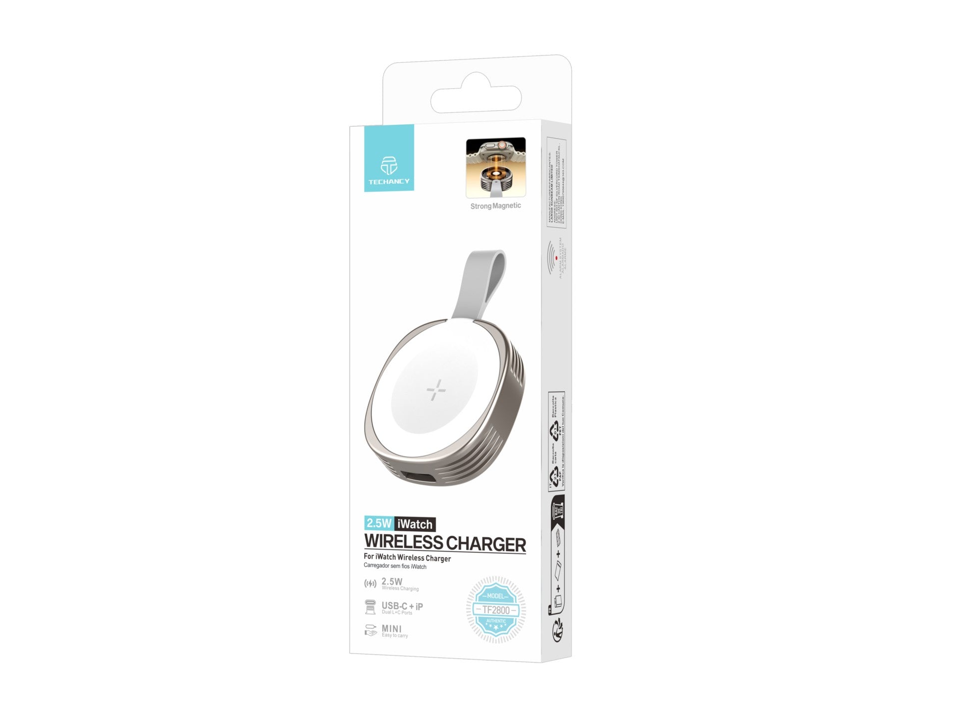 Techancy Carregador Wireless iWatch TF2800 2.5W, iman forte, USB-C/Lightning, compacto, compativel Apple Watch - immagine 4