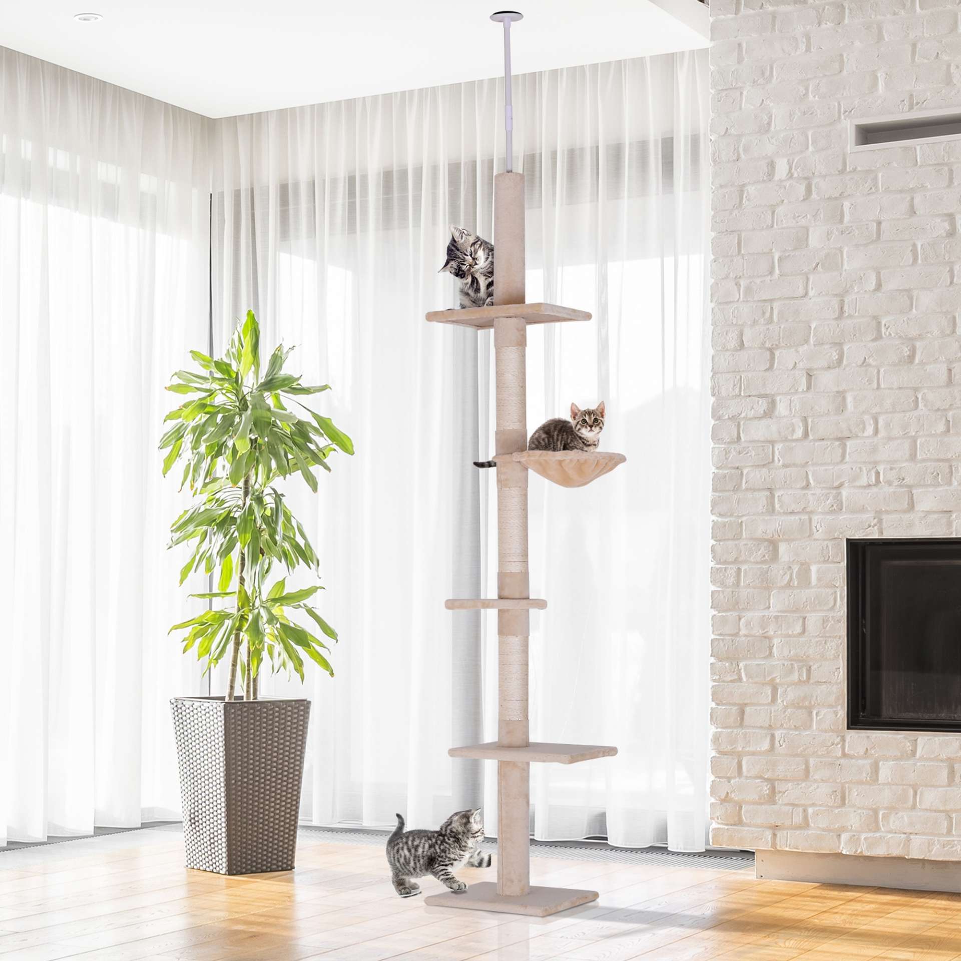 Arbre chat du sol au plafond poteau à griffer L40 x l 34 x H 230-260 cm 5 niveaux d'activités beige - immagine 10