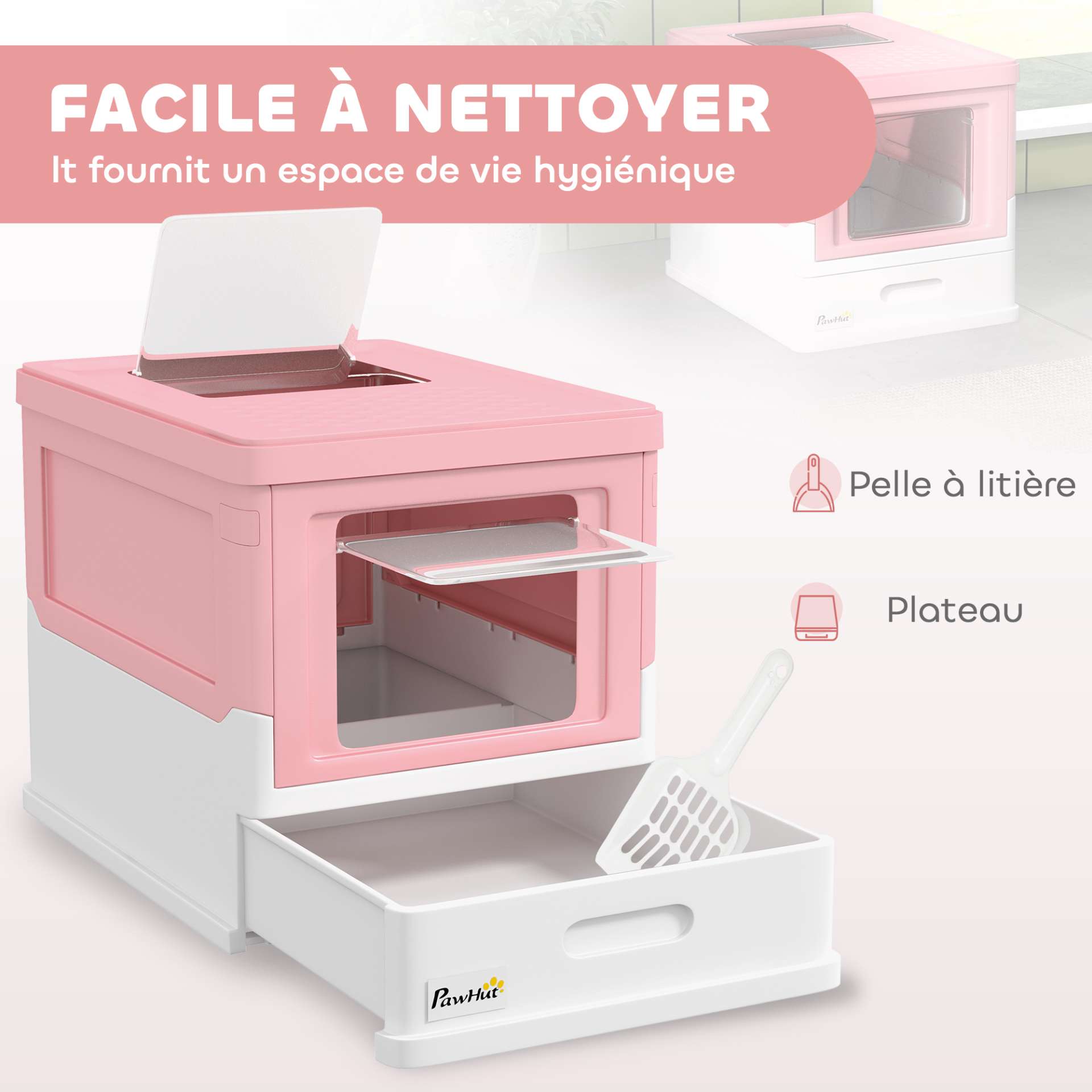Maison de toilette pour chat pliable double porte battante et supérieure pelle fourni 47,5 x 35,5 x 36,7 cm rose - immagine 4