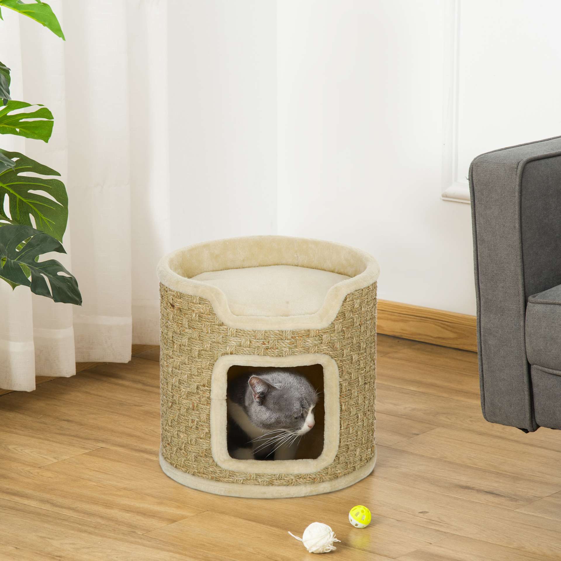 Tonneau à gratter pour chat, tonneau à chat, recouvert de peluche, capacité de 5 kg, Ø 38 x 37H cm kaki et beige - immagine 10