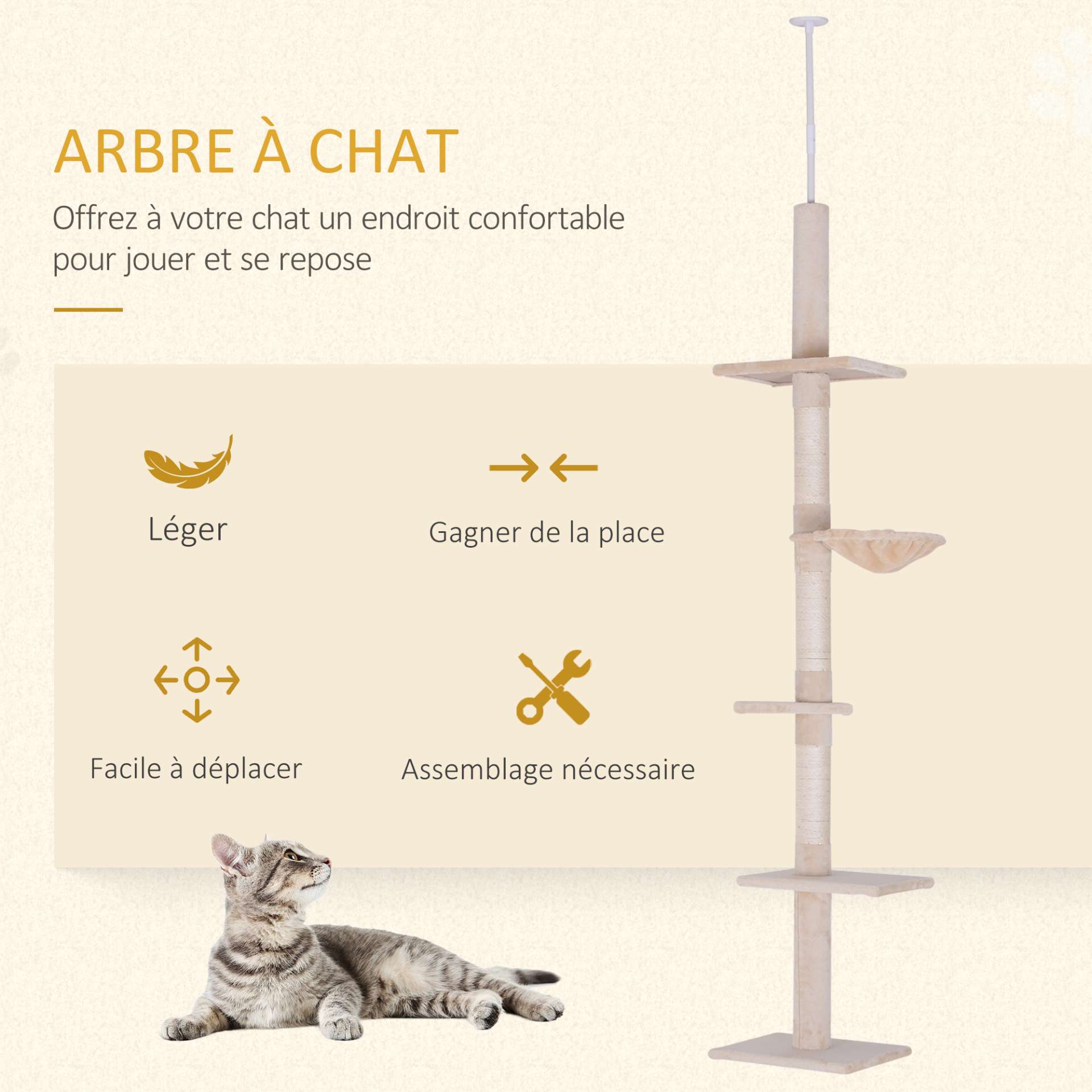 Arbre chat du sol au plafond poteau à griffer L40 x l 34 x H 230-260 cm 5 niveaux d'activités beige - immagine 4