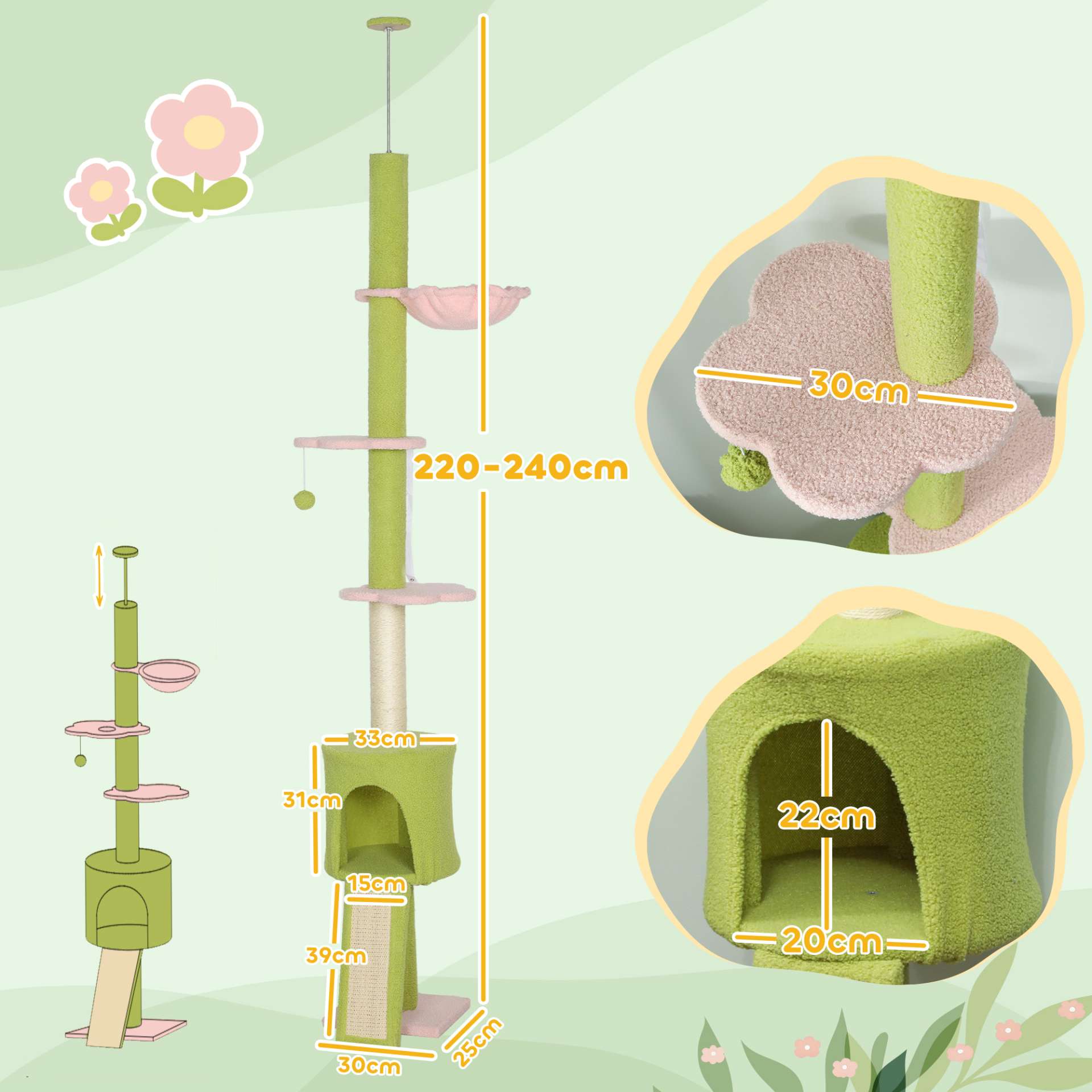 Arbre à chat du sol au plafond 5 niveaux hauteur réglable 220-240 cm plateformes fleur avec griffoir niche hamac vert - immagine 3