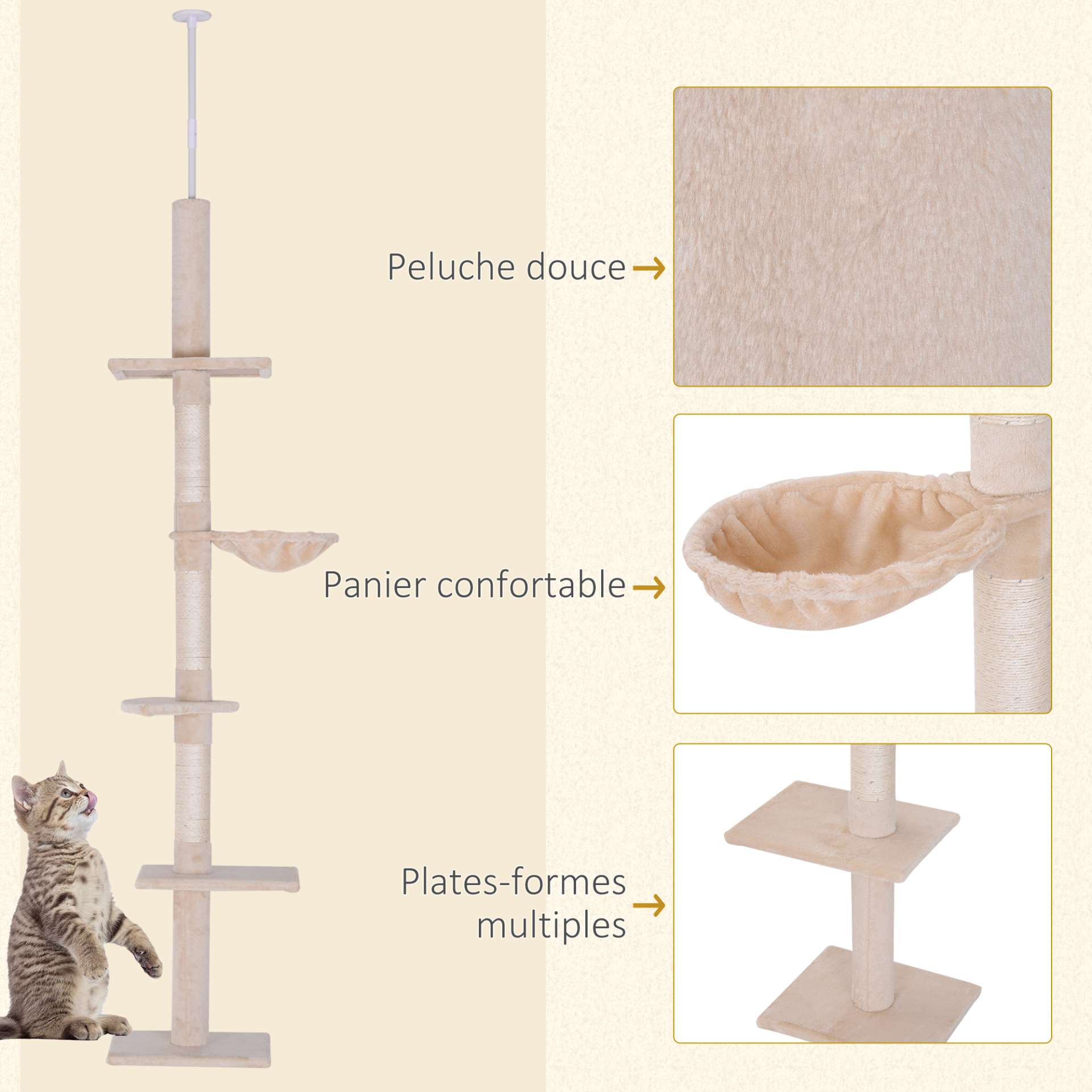 Arbre chat du sol au plafond poteau à griffer L40 x l 34 x H 230-260 cm 5 niveaux d'activités beige - immagine 6