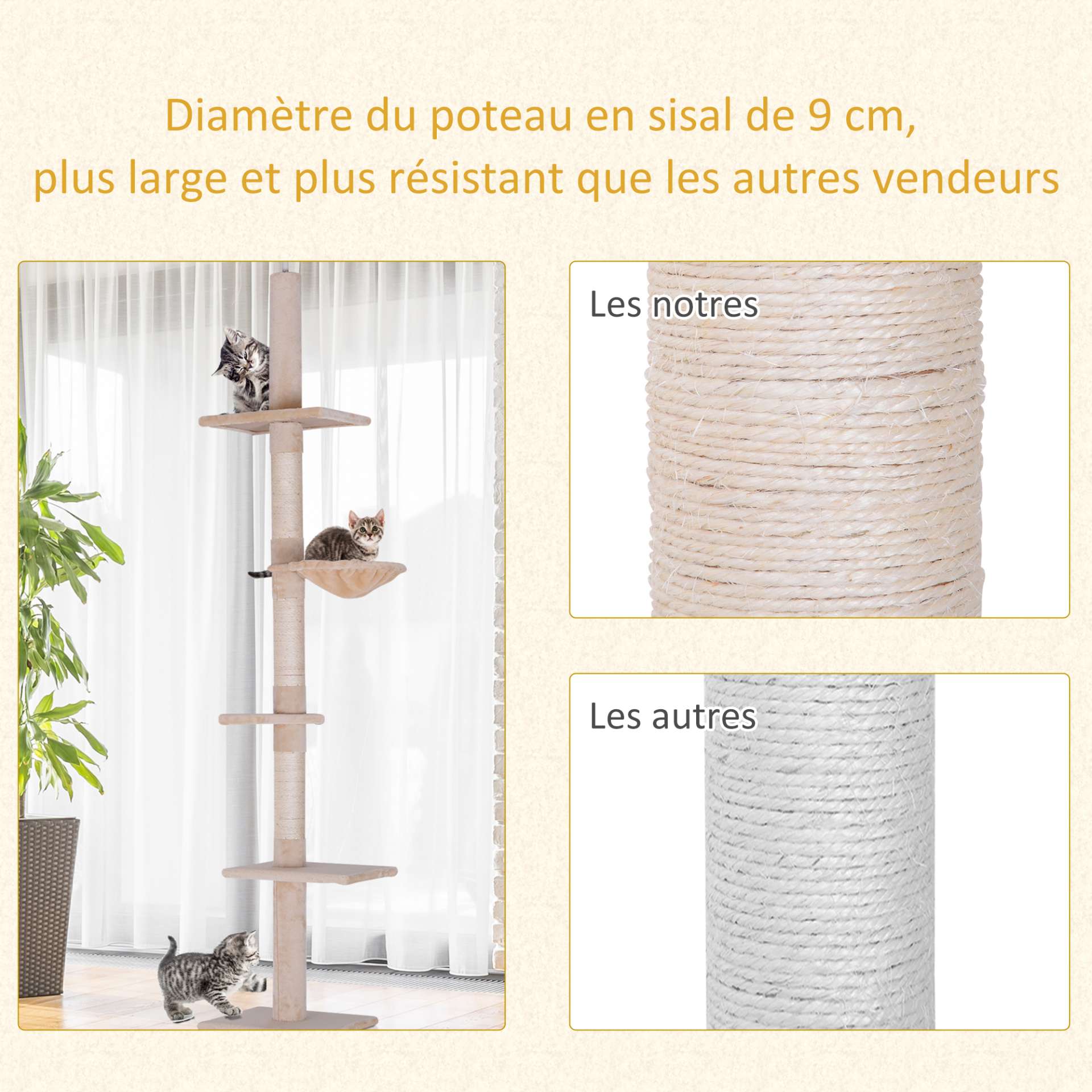 Arbre chat du sol au plafond poteau à griffer L40 x l 34 x H 230-260 cm 5 niveaux d'activités beige - immagine 7