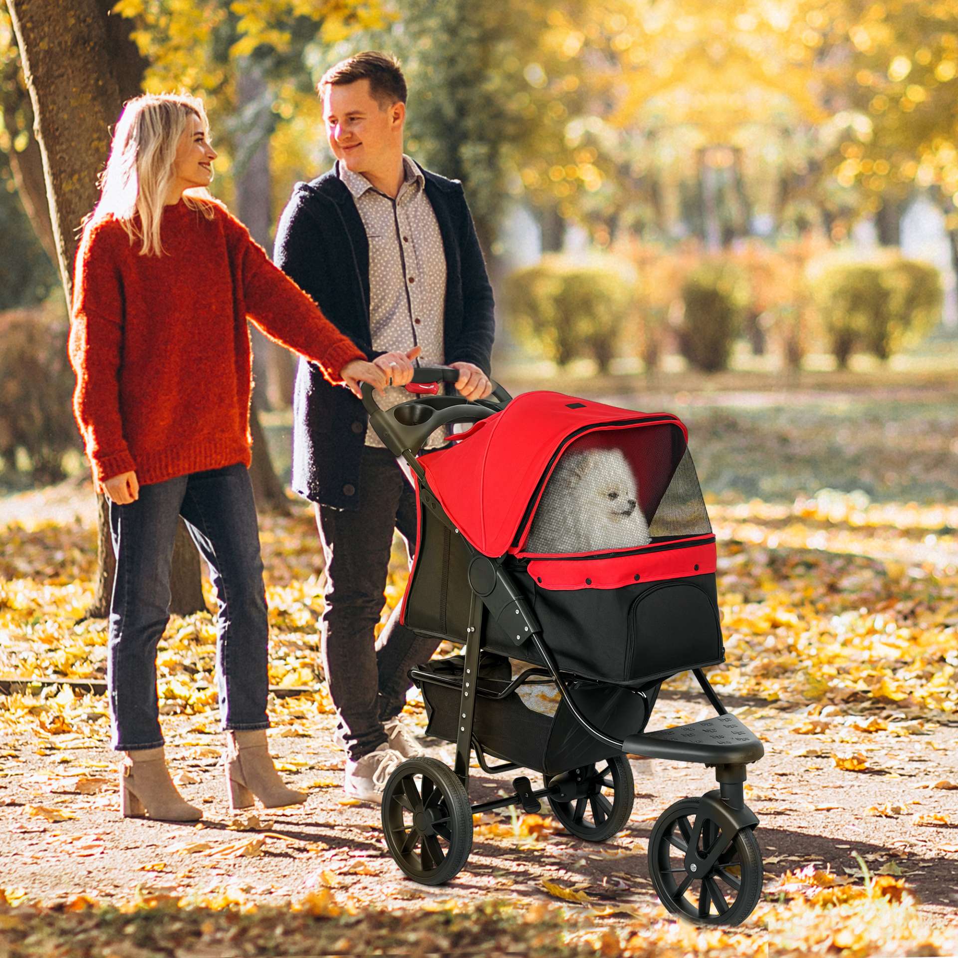 Poussette pour chien chariot pliable 3 roues tout-terrain EVA 12" auvent ajustable 2 laisses 109,5x57,5x106,5cm rouge - immagine 10