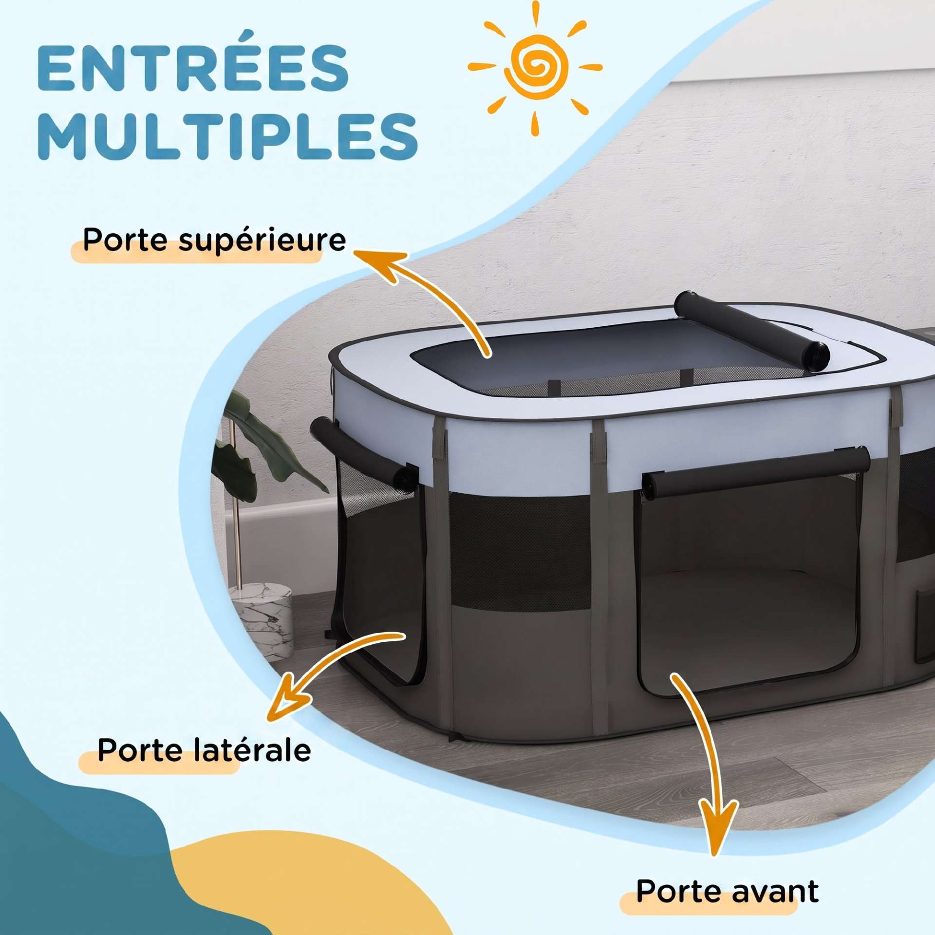 Parc pliable pour animaux de compagnie parc pour chiots en tissu Oxford avec fenêtres et portes sac de rangement gris - immagine 5