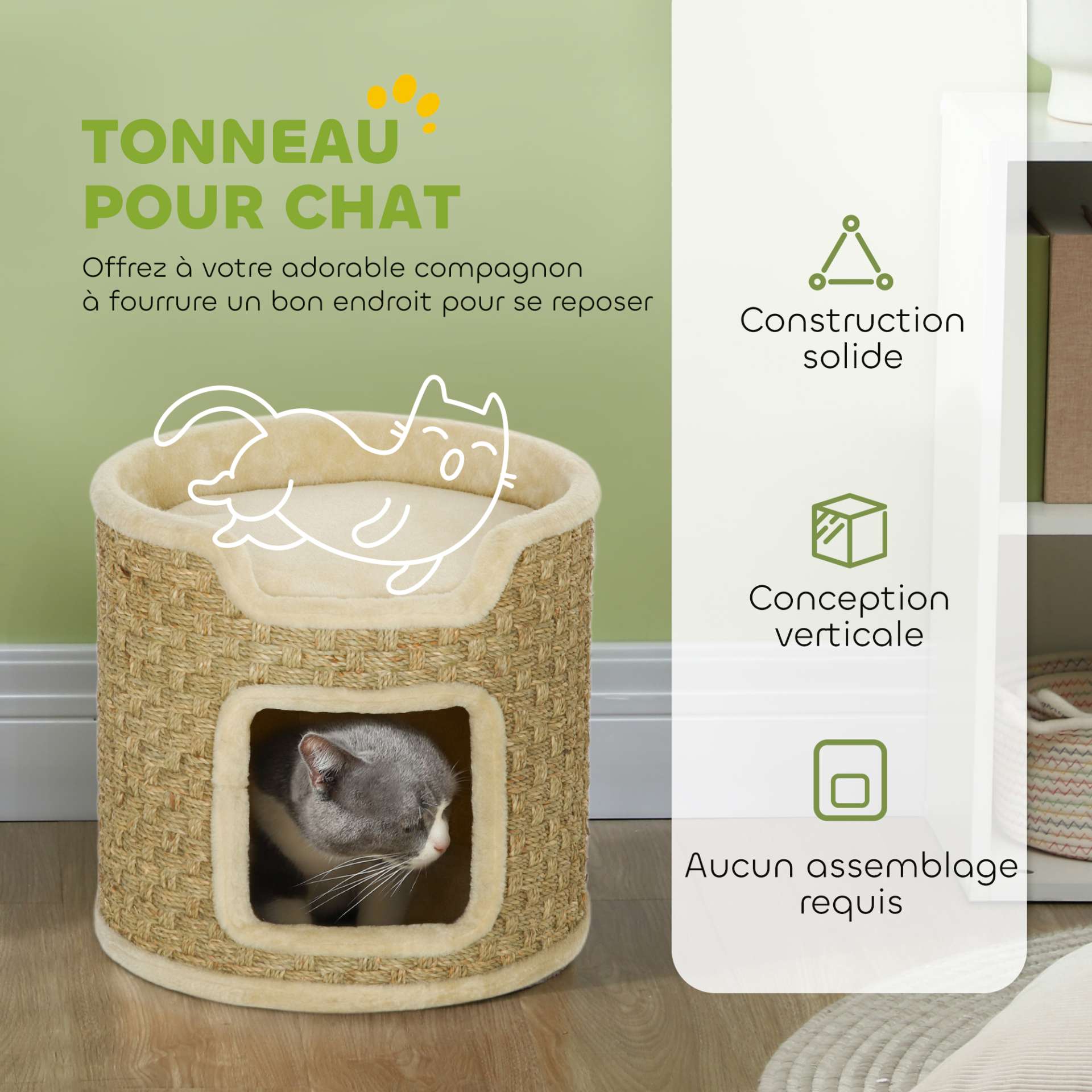 Tonneau à gratter pour chat, tonneau à chat, recouvert de peluche, capacité de 5 kg, Ø 38 x 37H cm kaki et beige - immagine 4