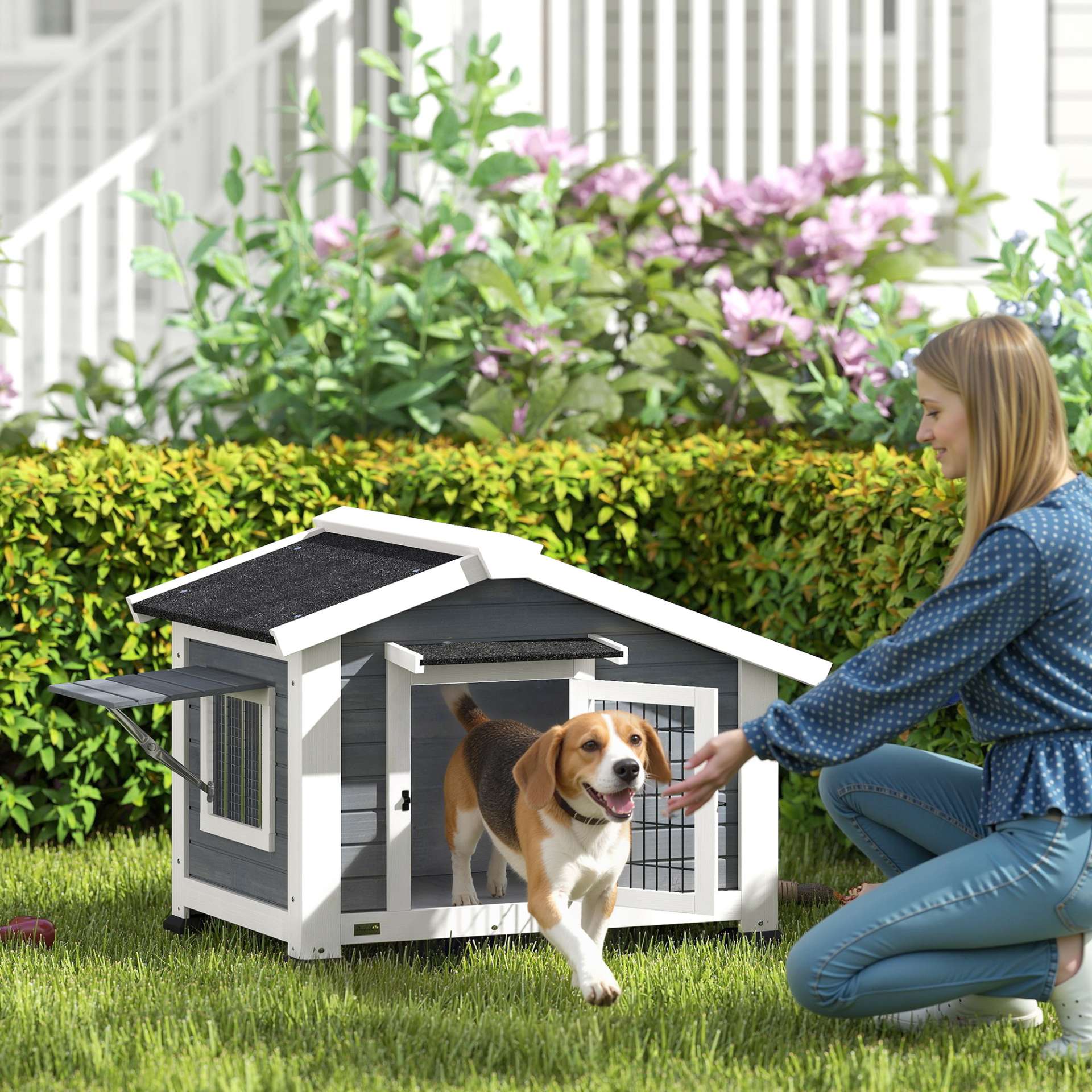 Niche pour Chien Extérieur Abri Jardin Surélevé Plancher Amovible Auvent de Porte et Toit Imperméable 98x76x69,5cm Gris - immagine 10