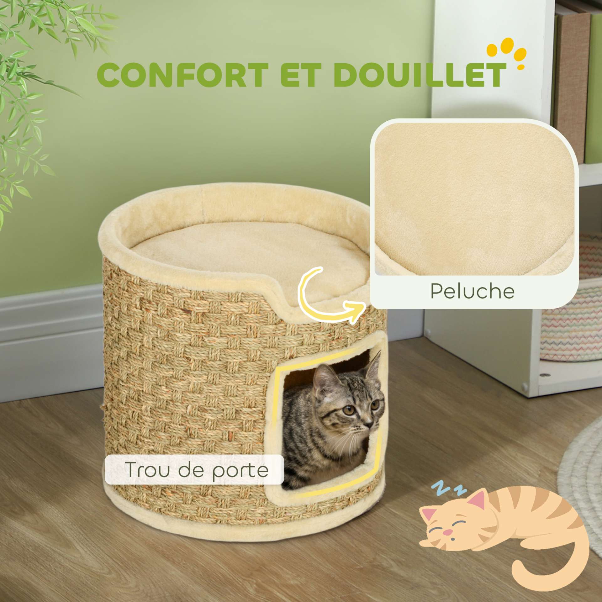 Tonneau à gratter pour chat, tonneau à chat, recouvert de peluche, capacité de 5 kg, Ø 38 x 37H cm kaki et beige - immagine 6