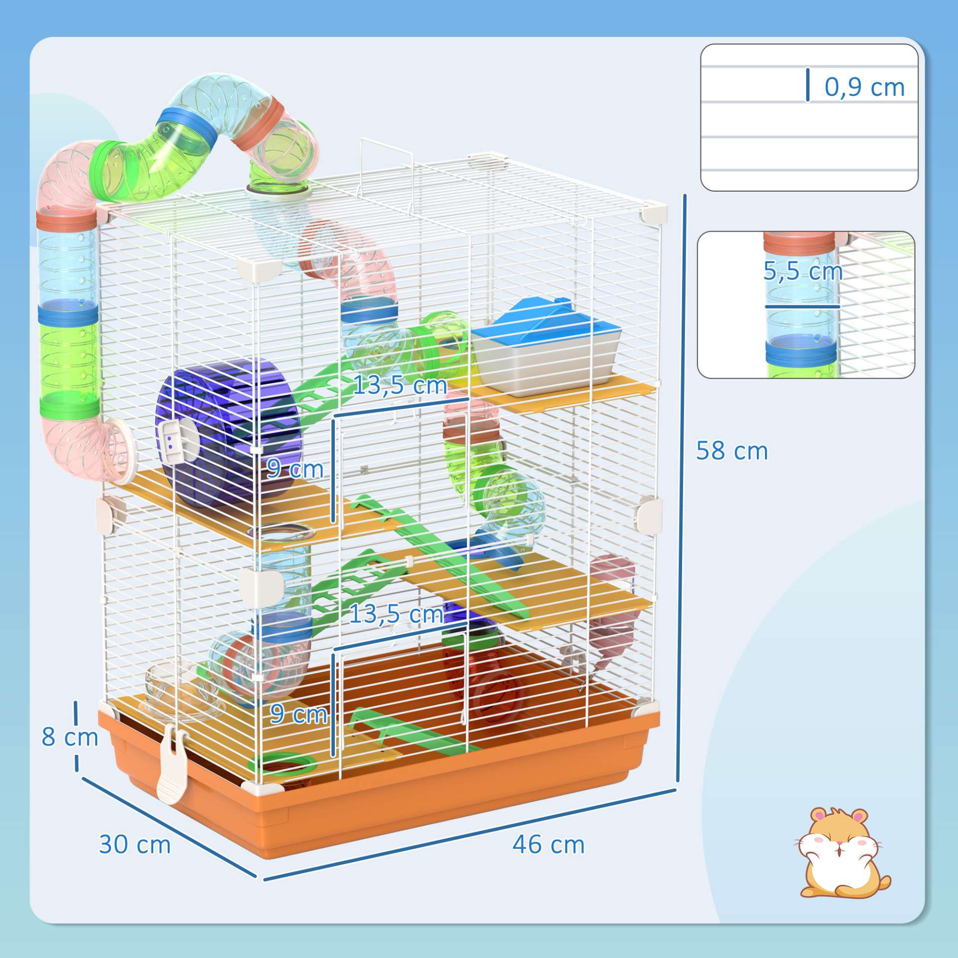 Cage pour hamster et gerbille à 5 étages, habitat sécurisé en grillage métallique avec tunnels, roue, maison et échelles, 46 x 30 x 58 cm, orange - immagine 3