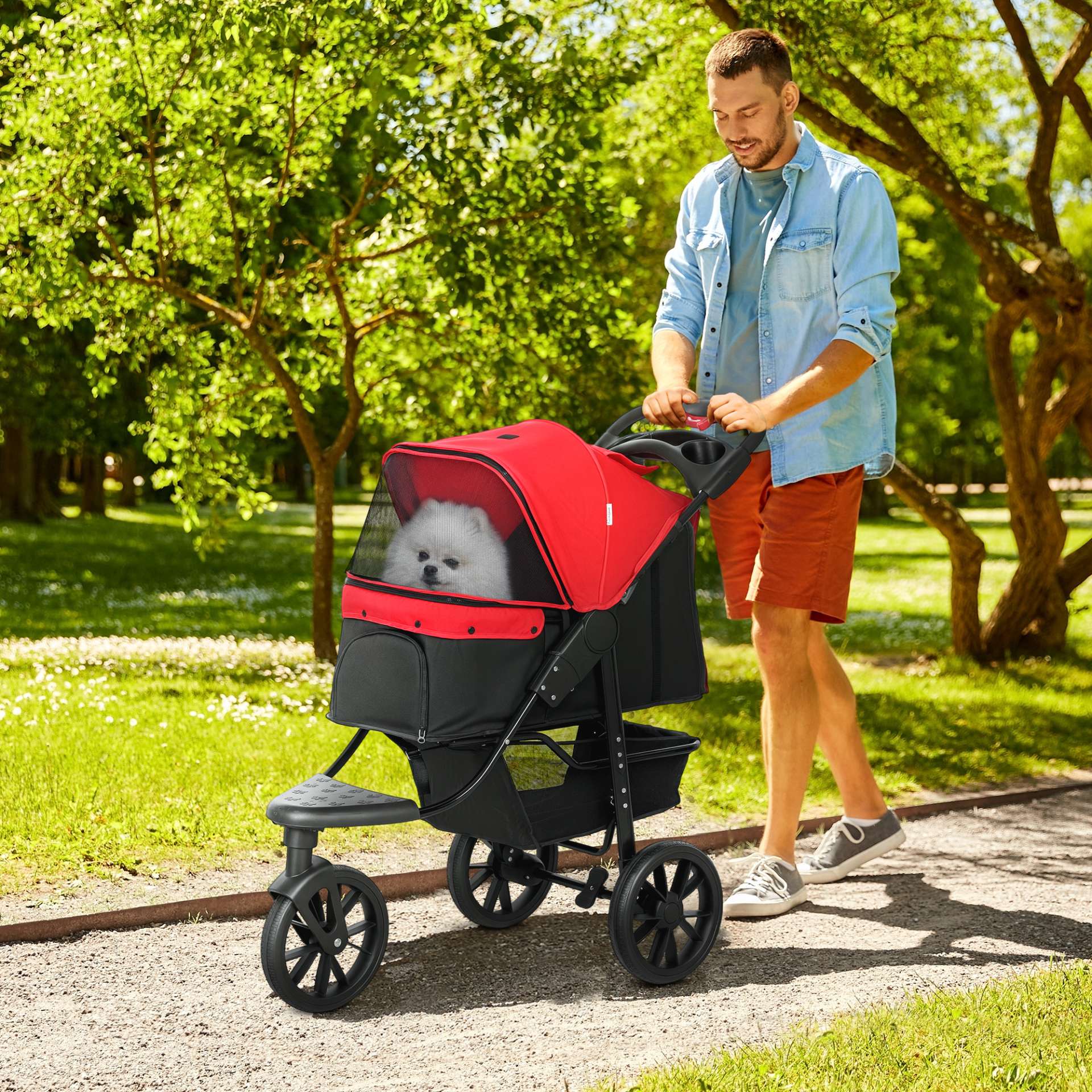 Poussette pour chien chariot pliable 3 roues tout-terrain EVA 12" auvent ajustable 2 laisses 109,5x57,5x106,5cm rouge - immagine 2