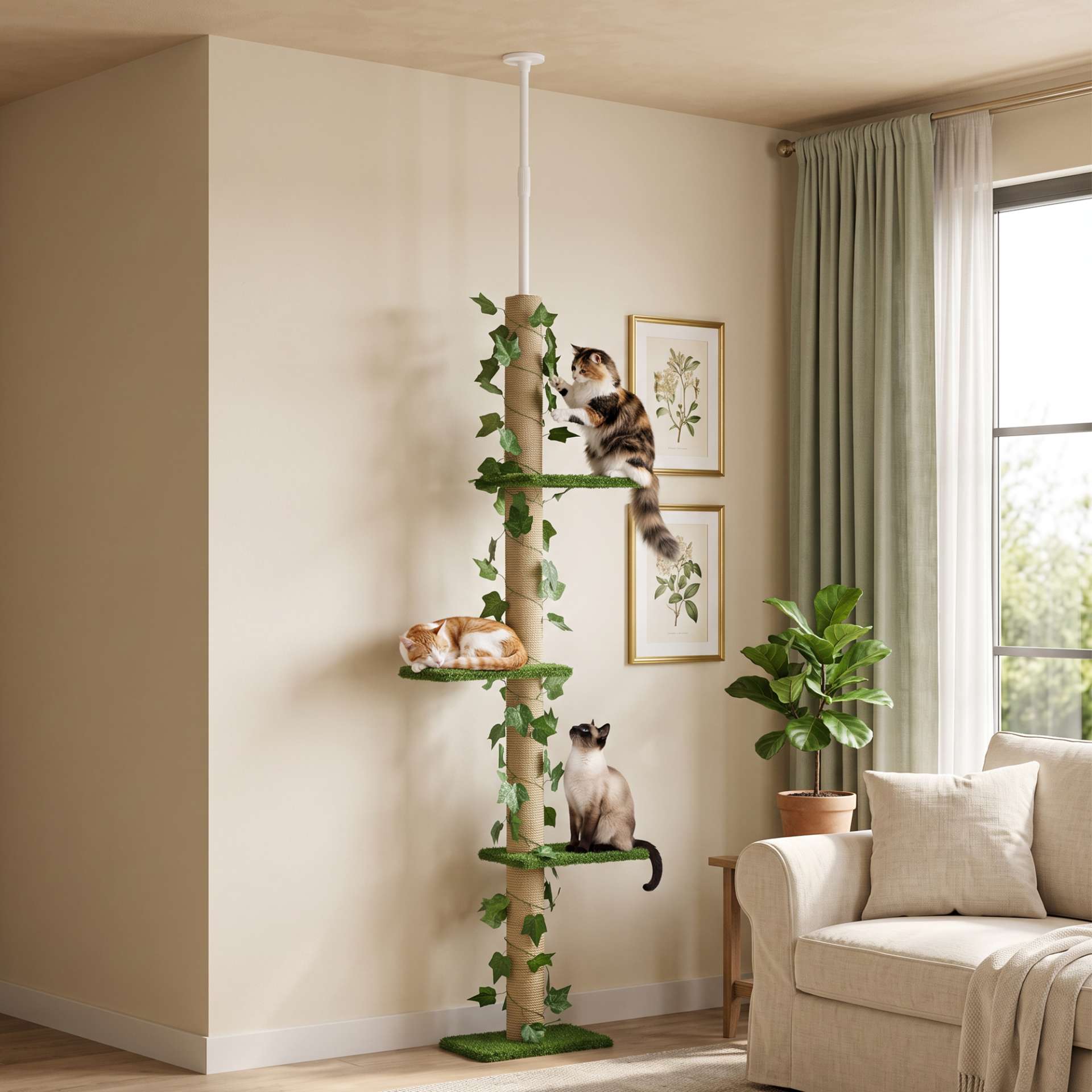 Arbre à chat poteau à griffer fixation plafond hauteur réglable 37 x 21 x 202- 242 cm 4 niveaux vert - immagine 8