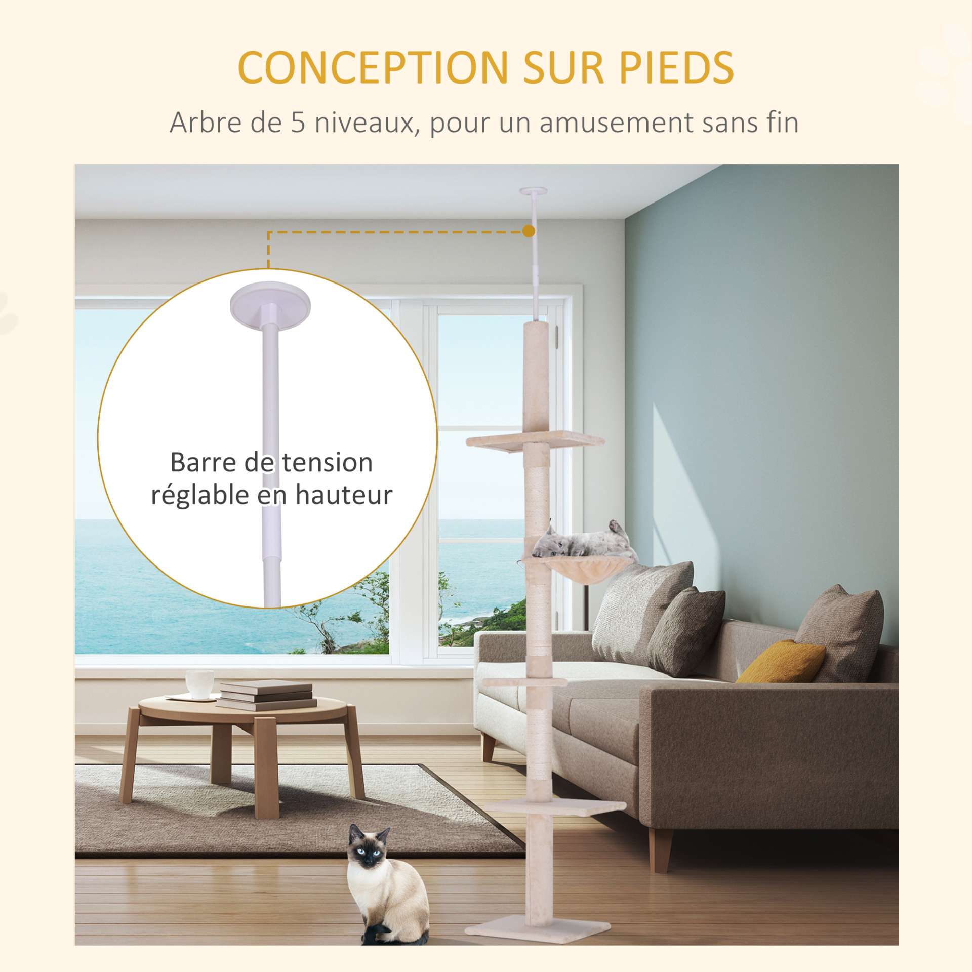 Arbre chat du sol au plafond poteau à griffer L40 x l 34 x H 230-260 cm 5 niveaux d'activités beige - immagine 5
