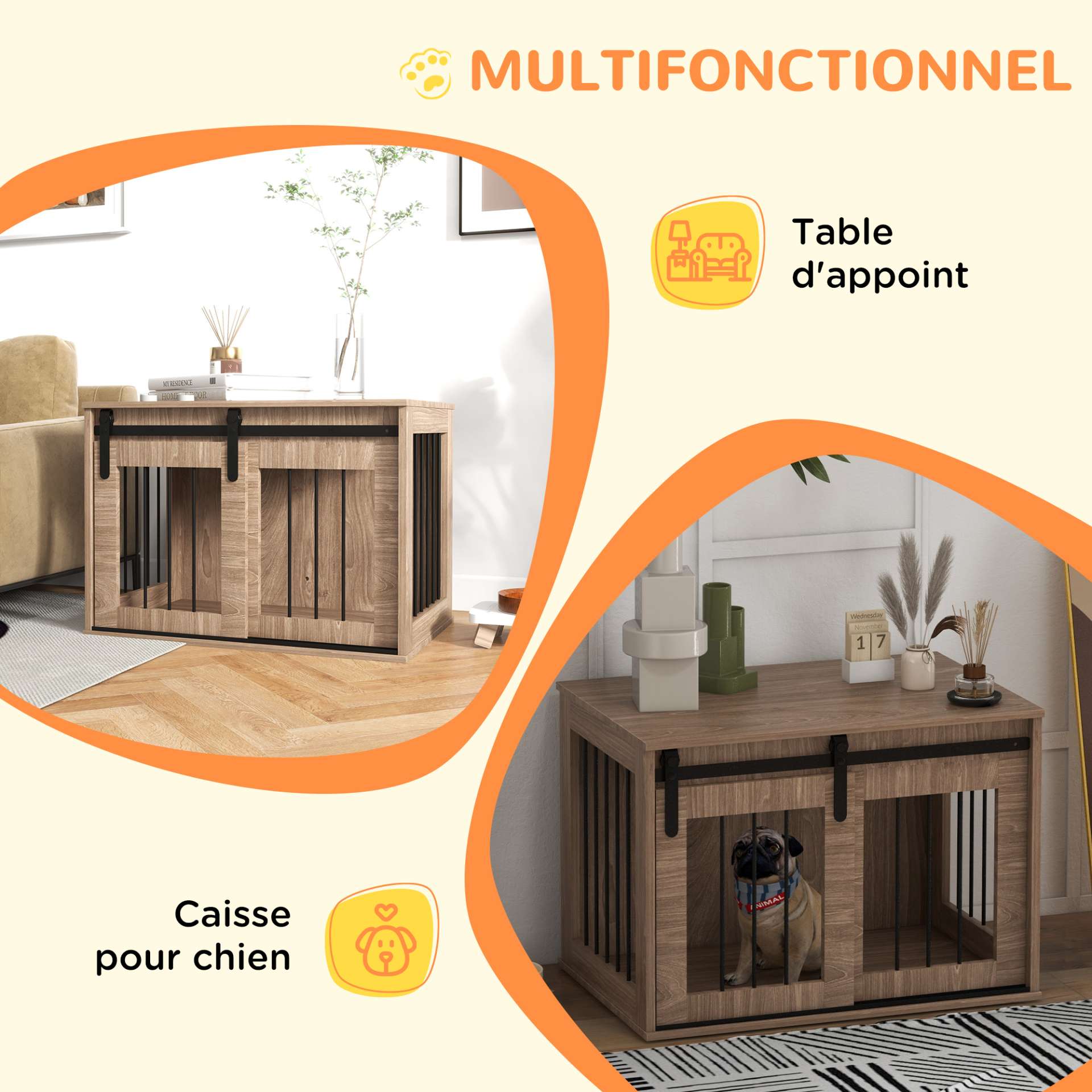 Cage caisse pour chien animaux intérieur porte coulissante, métal effet bois, dim. 57H x 80L x 54l cm - immagine 5