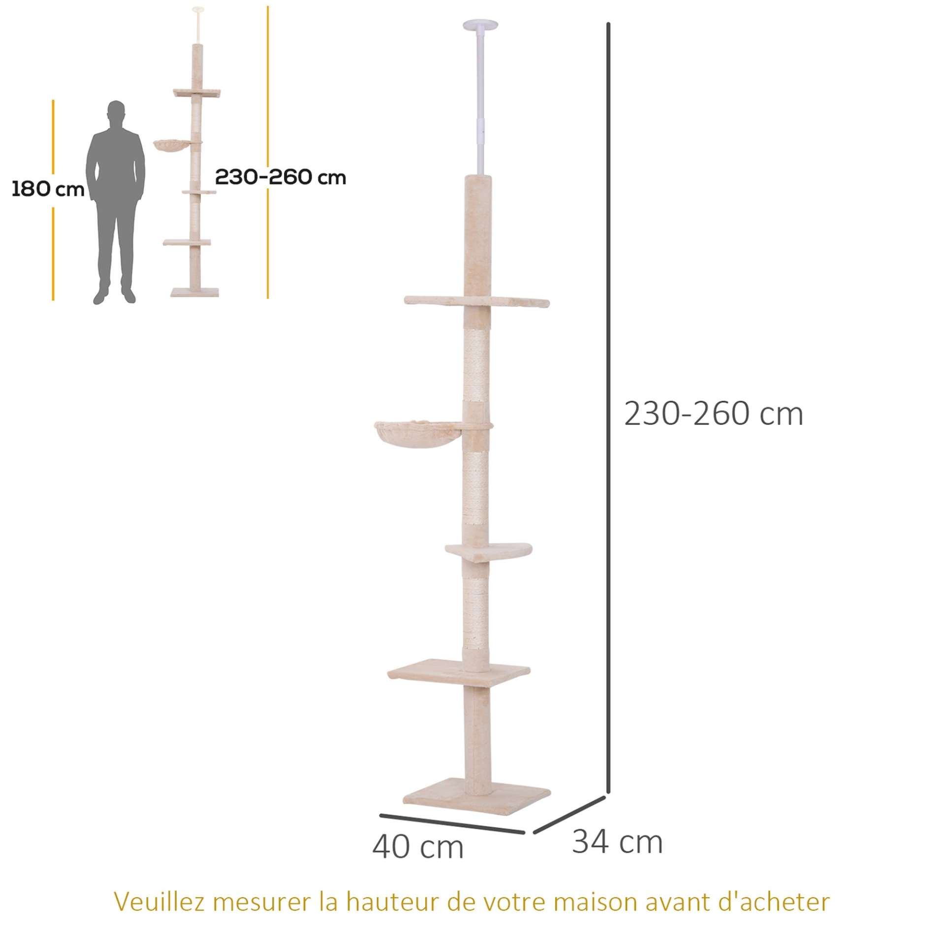 Arbre chat du sol au plafond poteau à griffer L40 x l 34 x H 230-260 cm 5 niveaux d'activités beige - immagine 3