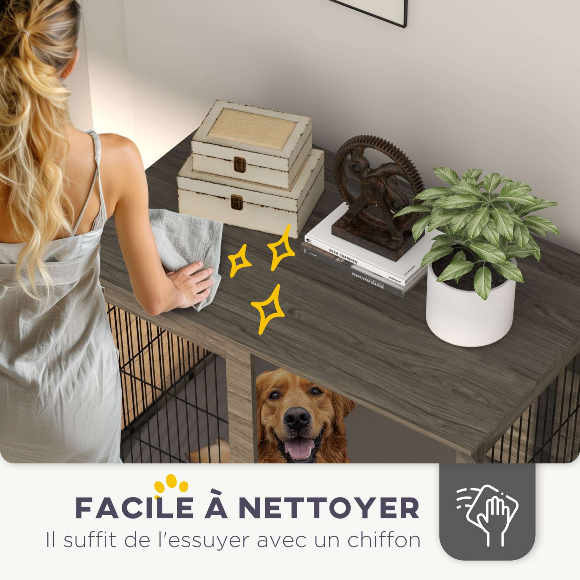 Cage pour chien 2 en 1 table d'appoint avec coussin en peluche déhoussable porte verrouillable 100 x 60 x 73,5 cm gris - immagine 8